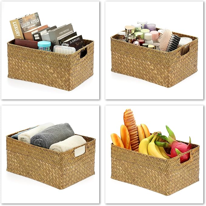 Hipiwe Seagrass Storage Basket Bin Rectangular Handwoven Wicker Storage Box with Handle Opened Baskets Box for Shelf Organizing Closet Bathroom, Caramel, Medium - Image 9