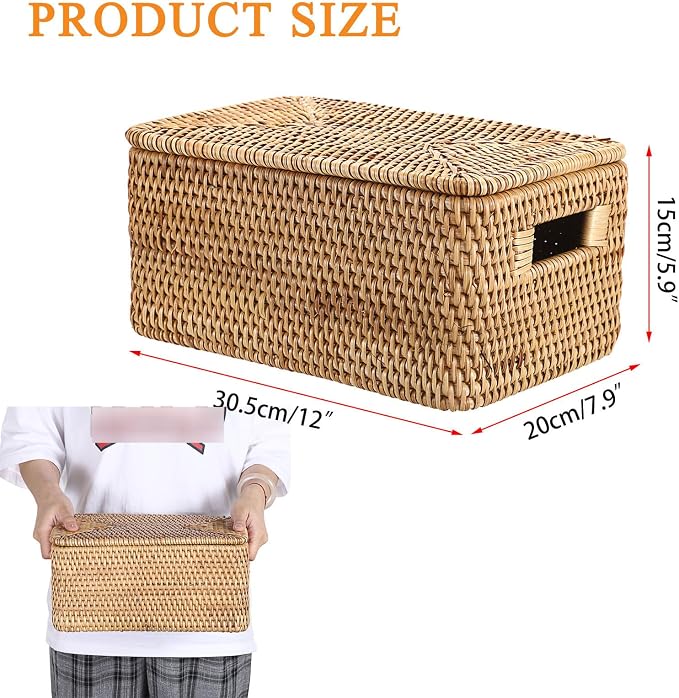 Hipiwe Rattan Basket with Lid Rectangular Lidded Wicker Storage Basket Bin | Natural Hand-Woven Basket Boxes for Shelf Organizing Picnic Food Bread Table Storage Basket, 12"x7.9"x 5.9" - Image 2