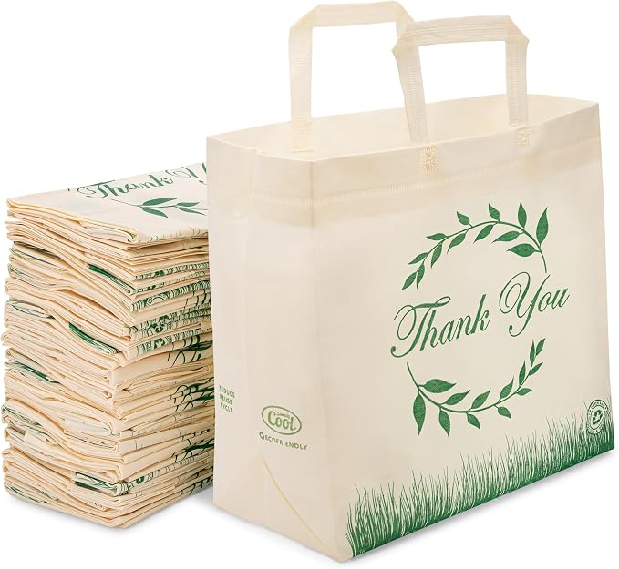 Simply Cool 50 Pack Reusable Thank You Grocery Bags Large Tote Bags Bulk | 14.5"x14"x6.6" Heavy Duty Non-woven Printed Shopping Bags with Handles, Foldable Washable for Groceries and Commercial use by SimplyCool