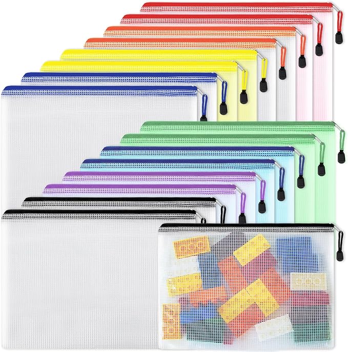 EOOUT 16pcs Mesh Zipper Pouch, Puzzles, Board Game Storage Bags for Organizing, Waterproof Zip File Bags, Letter Size, A4 Size, for School Office Supplies, Storage Bags, 8 Colors by EOOUT