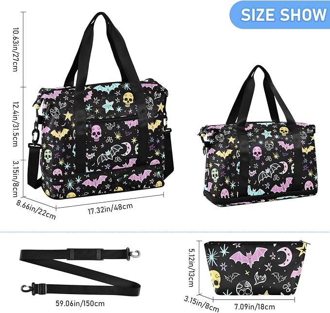 Travel Duffel Tote Bag Gothic Bat Skull Moon Sports Duffel Bag with Wet Pocket Weekender Overnight Bag for Women Men Gym Bag, Carry On Bag Hospital Bag for Labor and Delivery - Image 6