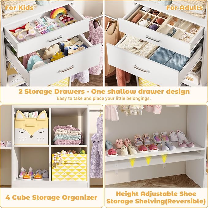 Besiost Closet System - 5-8FT Closet Organizer System with Wooden Drawers & Cube Storage Organizer, Up To 96" Closet Systems for Nursery & Walk-In Closets with Cuttable Hanging Shelving, White - Image 8