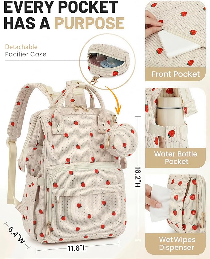 Corduroy Diaper Bag Backpack, Large Capacity Multifunction Baby Diaper Bags for Women, Insulated Bottle Pockets & Pacifier Case, Stylish Travel Nappy Changing Bags for Mom Dad (Strawberry) - Image 5