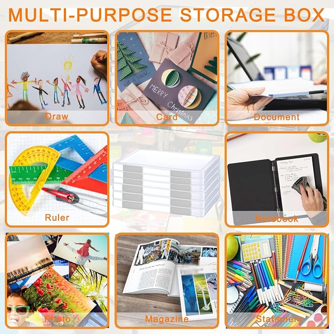 LonlyEagle 12 Pcs Clear A4 File Portable Project Case, Plastic Storage Box for 8.5" x 11" Letter Paper, Scrapbook Paper Storage Boxes Documents Magazines Holder - Image 5