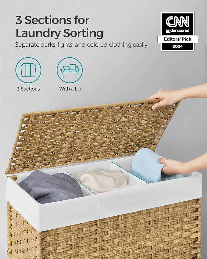 SONGMICS Rolling Laundry Hamper with Lid, 140 L 3-Section Synthetic Rattan | Laundry Basket with Wheels, Removable Liner, 26 x 13 x 26 Inches, Natural, ELIOTT Collection ULCB363N01 - Image 3