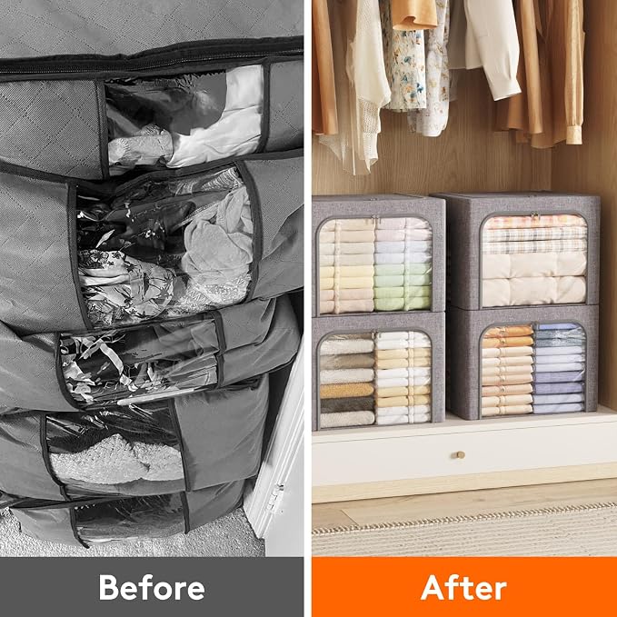 Lifewit Clothes Storage Bins with Metal Frame, Stackable Storage Box, Foldable Clothing Storage Bins with Lids, 75L Storage Bags Fabric Box Organizer with Clear Window＆ Zippers＆ Sturdy Handles 4 Pack - Image 8