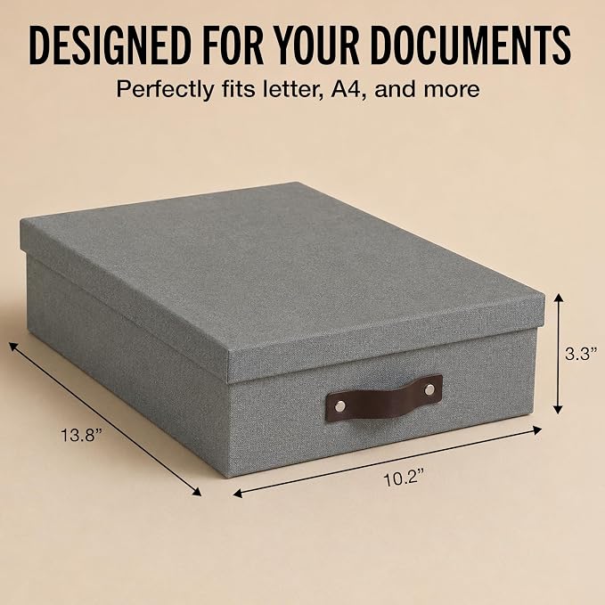 Bigso Box of Sweden Oskar Canvas Fiberboard Document Letter Box - File Organizer Box for Important Paperwork - Document Storage with a Lid & Handle - 3.3 in x 10.2 in x 13.8 in - 3 Pack - Grey - Image 4