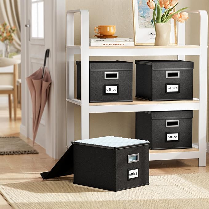 File Organizer Box with Lids, Collapsible File Folder Organizer | File Box with Plastic Slides for Office Document Storage, Filing Bin for Letter Size Hanging File Folders (4 Pack, Black) - Image 2