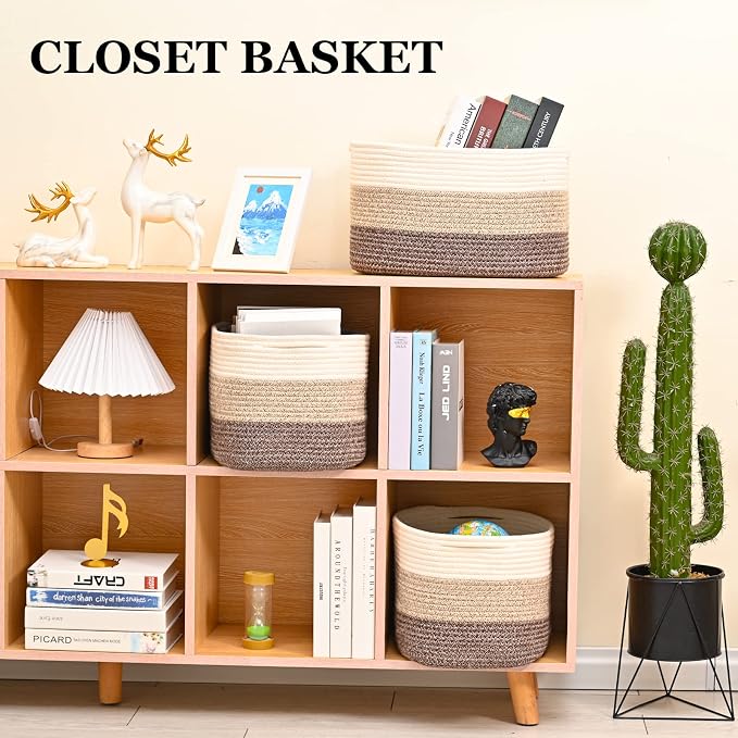Cotton Rope Storage Baskets for Organizing - 3 Pack, 15"x10"x9" Woven Baskets for Storage, Shelf, Towel, Toys, Nursery, Laundry (White/Brown) - Image 4