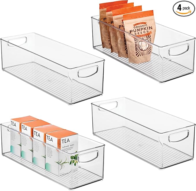 iDesign Plastic Stackable Pantry Bin with Handles, Set of 4, Clear | For Kitchen Cabinets or Fridge, Made in USA by iDesign