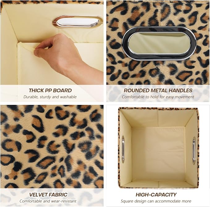 ANMINY Leopard Cheetah Print Storage Cubes Bins, Velvet, Brown, 11Inch 8PCS | Collapsible & Washable, PP Board Frame, Built-in Metal Handles, Animal Themed Fabric Cubes Baskets for Closet Shelves Decor - Image 4