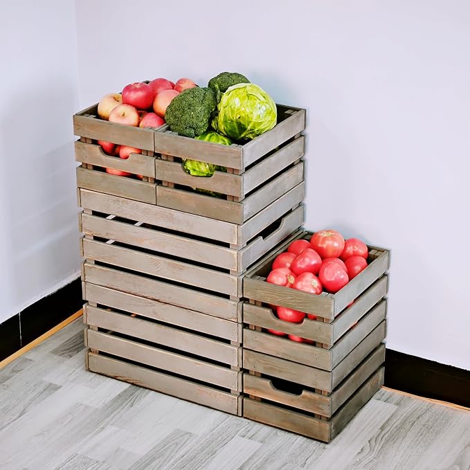 Gray Wooden Crates, Set of 4 Rustic Storage Boxes for Home Organization, Tool Box, Wine Carrier, and Camping Supplies, 12.2 Inches. - Image 6