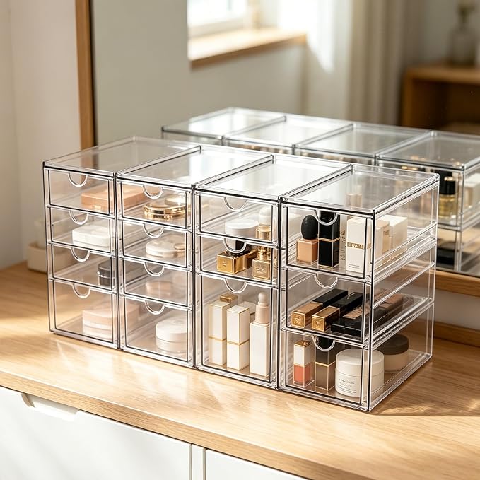 Prsildan Acrylic Desk Organizers with 14 Drawers, Stackable Makeup Storage | Anti-slip Clear Storage Bins, Vanity Organizer for Craft Bead Crayon Nail, Bathroom Kitchen Office Organization, 4 Pack - Image 7