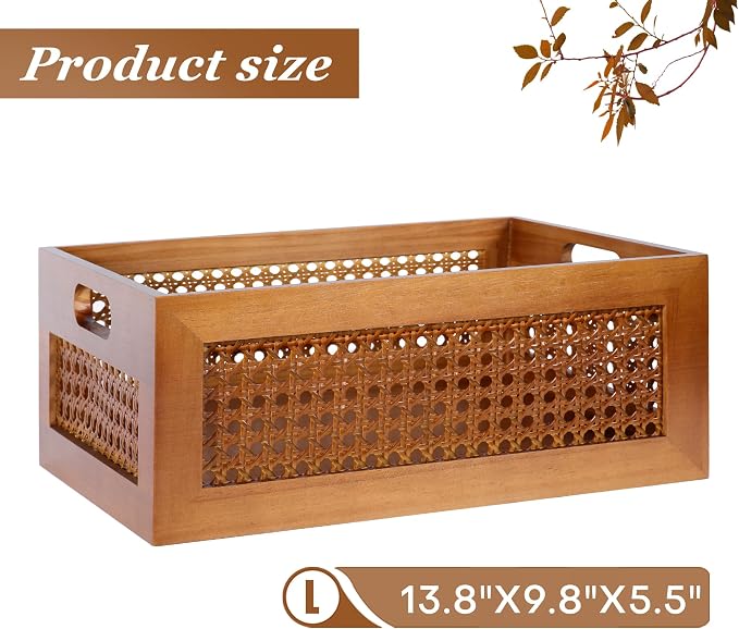 Rattan Wooden Box 14x10x6in Handmade Decorative Storage Basket with Handles | Natural Bamboo Woven Storage Basket Rustic Farmhouse Decor Home Office Tabletop Shelf Drawer Closet Desk Organizer, Brown - Image 4