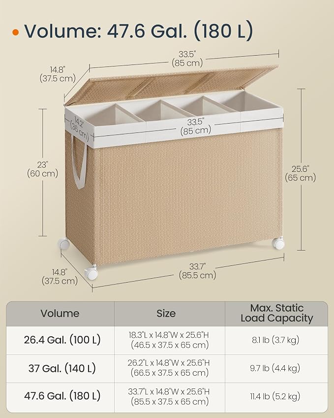 SONGMICS HOME Laundry Hamper with 4 Section, 180 L, Rattan, with Wheels | Rolling Clothes Basket with Lid, Removable Liner with Handles, Tan and White, PEZZO Collection ULCB603N01 - Image 7