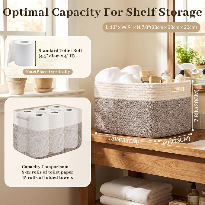 OIAHOMY 4 Pack Storage Basket, 13"x9"x7.8" Cotton Rope Baskets for Shelves, Closet Organizer for Bedroom & Living Room, Soft Decorative Bins for Organizing Towels, Books & Toys, Deep Brown & White - Image 2