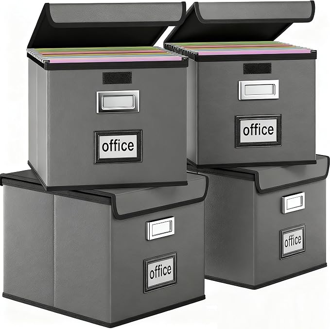 Foldable File Organizer Box with Lids (4 Pack, Dark Gray, Leather) | File Box with Plastic Slides for Document, Filing Bin for Letter Size Hanging File Folders (4 Pack, Dark Gray, Leather) by Huolewa