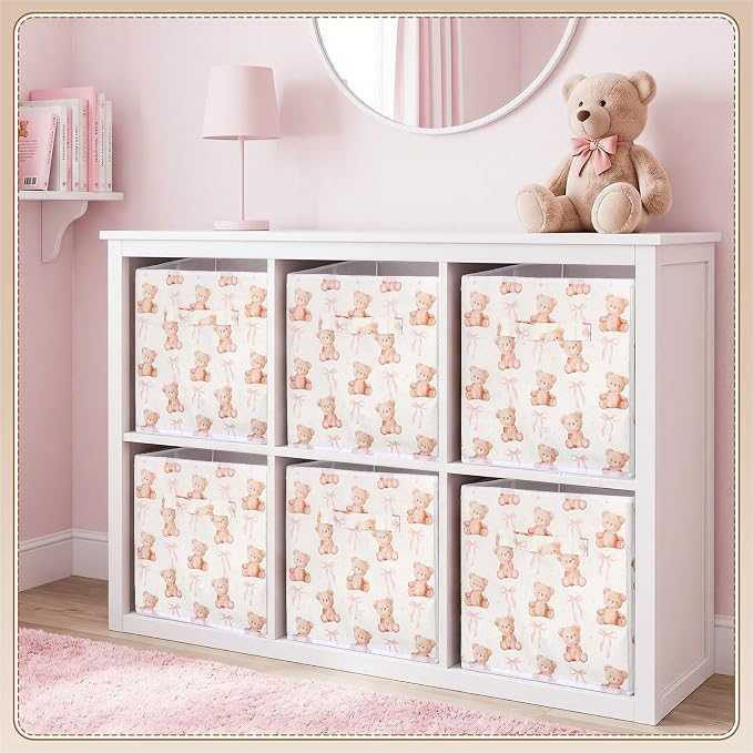 6 Pcs Pink Bow Teddy Bear Cube Storage Bins 11 Inch Storage Basket with Handle, Preppy Girls Organizer Basket, Collapsible Fabric Box for Classroom Bedrooms Office Home Decoration Gift - Image 5