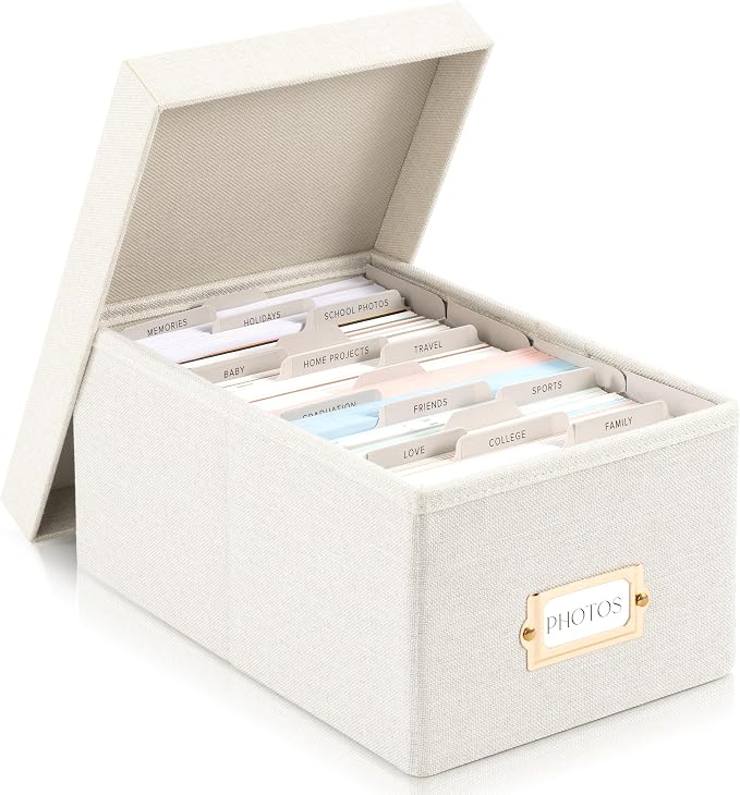 Decorative Photo Storage Box - Sturdy Linen Organizer Holds 850 4x6 Photos | Organizer with Dividers Stores Up to 850 Pictures - Portable Scrapbook Storage Containers with Lid by ZICOTO