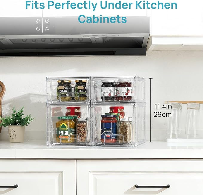 Vtopmart Clear Stackable Storage Drawers, 4 Pack Kitchen Cabinet Set | Medium and Small Pull-Out PET Drawers with Stackable Design for Kitchen Cabinets, Pantry, Under Sink, Medicine - Image 6