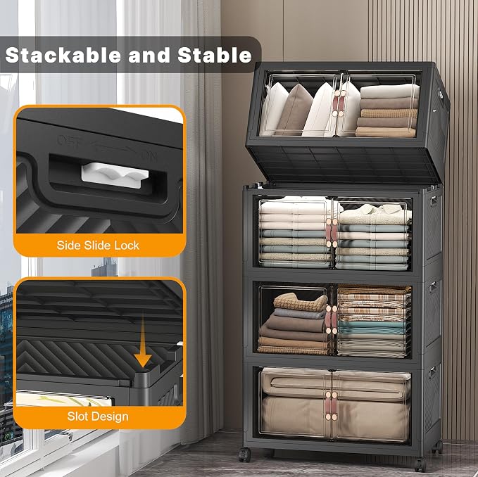 Stackable Storage Bins, 480QT Collapsible Drawers with 1 Lid | Large Capacity, Magnetic Door, Stack Lock, Rolling Wheels, Foldable Design, Organizers and Storage for Bedroom Dorm Garage - Image 3