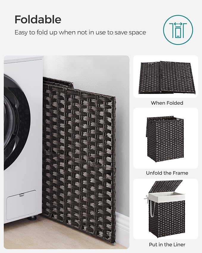 SONGMICS Laundry Hamper with Lid, 23.8 Gallon (90 L) Synthetic Rattan Clothes Laundry Basket with Lid and Handles, Foldable, Removable Liner, Black ULCB51BK - Image 8