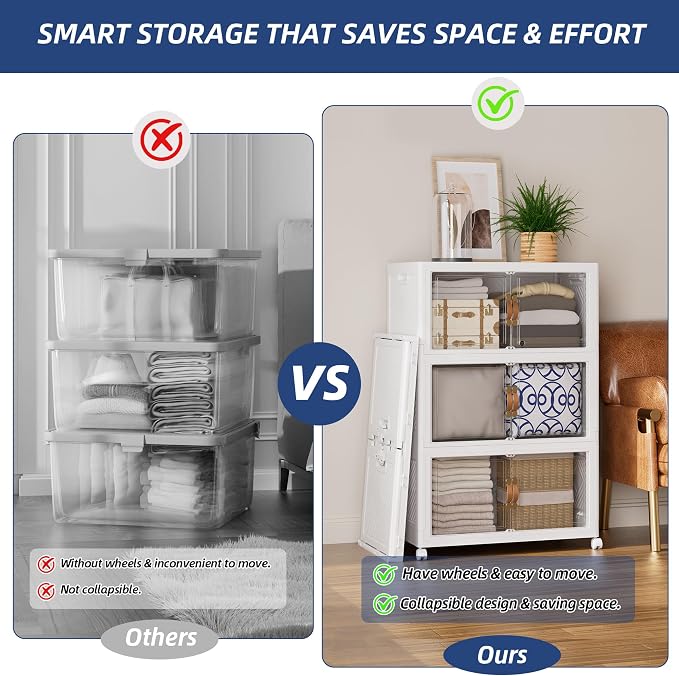 SAILUN 108QT/27Gal Stackable Storage Bins with a Lid, Collapsible Storage Bins With Doors, Folding Cabinet for Home Closet Organization,3 Pack-17.7" W x 11.8" D x 30.3" H White - Image 4