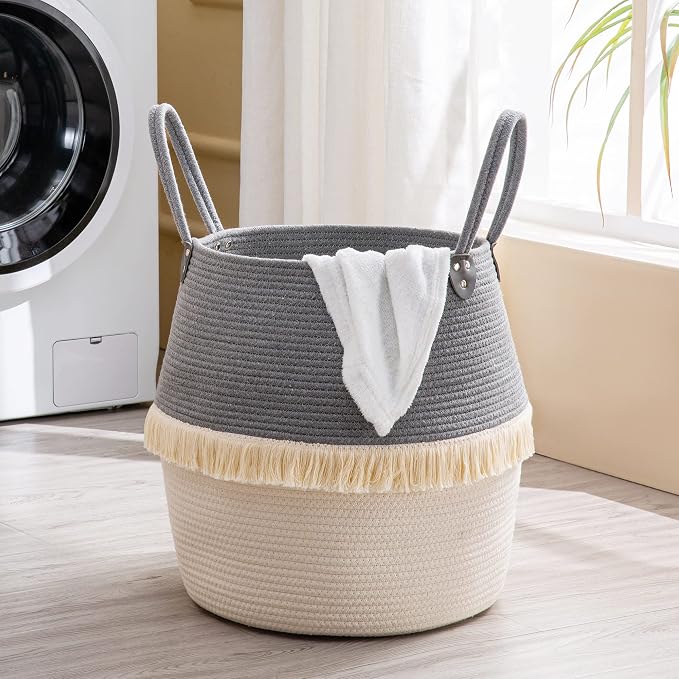 KAKAMAY Woven Baskets for Storage(17"x17"),Large Cotton Rope Woven Baby Laundry Hamper,Collapsible Laundry Basket, Blanket Basket for Organizing Living Room,Nursery,Pillows,Toy Chest(Grey) - Image 4