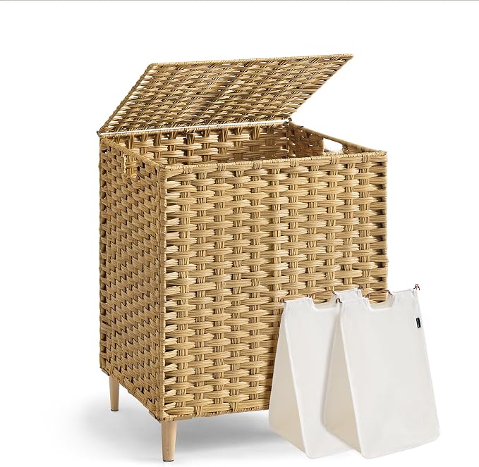 SONGMICS 2-Section Laundry Hamper with Lid, 29 Gal (110L) PE Rattan Laundry Basket with Removable Washable Liners, for Bedroom & Living Room, Goose Yellow ULCB222YE01 by Unknown