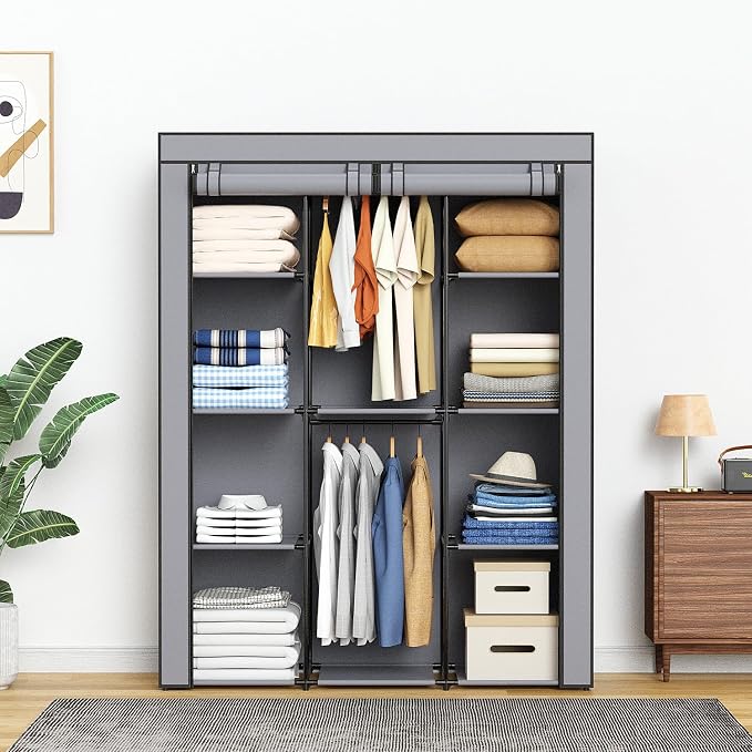 Portable Closet, Wardrobe Closet with 10 Storage Shelves and 2 Hanging Rods, Non-Woven Fabric Cover, 52.4 x 18.1 x 66.6 Inches Closet Organizer for Bedroom, Gray - Image 2