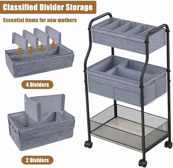 3-Tier Baby Diaper Caddy Organizer and Storage Cart, Mobile Metal Utility Cart with Rolling Wheels for Nursery Essentials with 4+2 Dividers, Large Capacity Rolling Cart For Bedroom, Bathroom, Nursery - Image 3