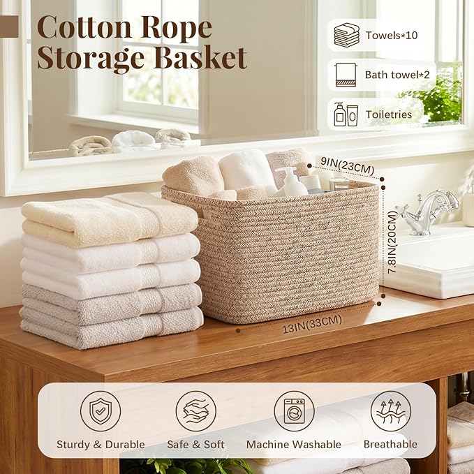 OIASKET 4Packs Natural Cotton Rope Storage Baskets for Organizing Toys, Clothes, Towels & Books, Soft Versatile Organizers for Shelves, Home Decorative Bins, 13''Lx9''Wx7.8''H, Brown - Image 2