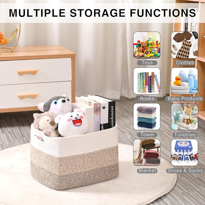 ICERZCZ Storage Baskets for Organizing Shelves, Woven Cotton Rope Bins for Baby Nursery Organization, Book Toy Towel Organizer, 15"x11"x9.5", 3 Packs, Gradient Brown - Image 4