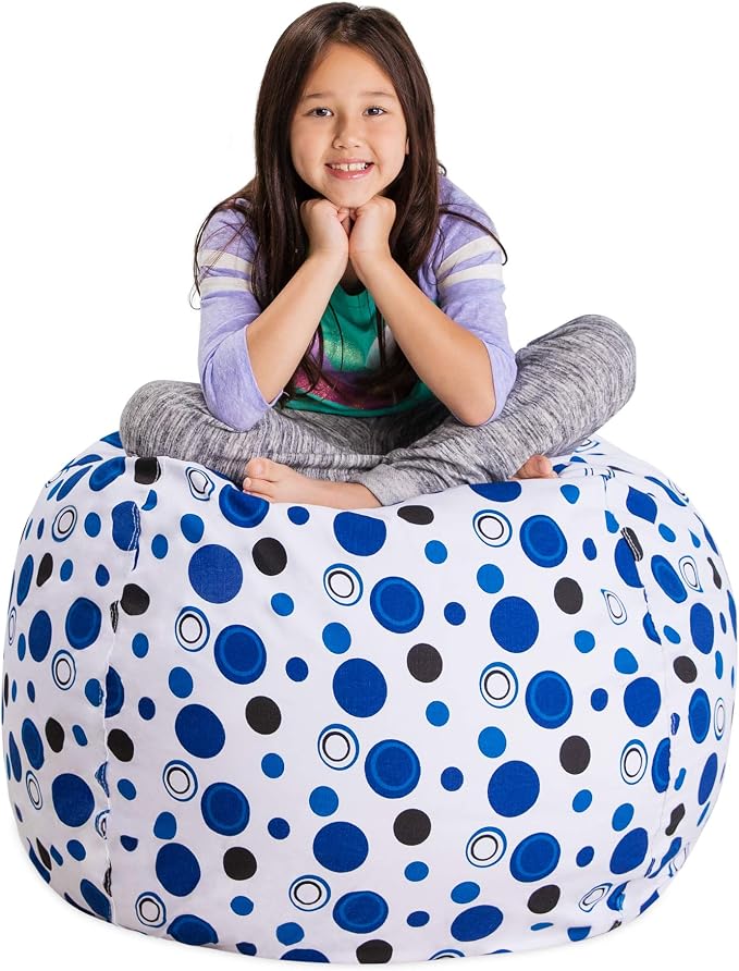 Posh Stuffable Kids Stuffed Animal Storage Bean Bag Chair Cover - Childrens Toy Organizer, Large 38" - Canvas Bubbles Blue and White by PoshCreations