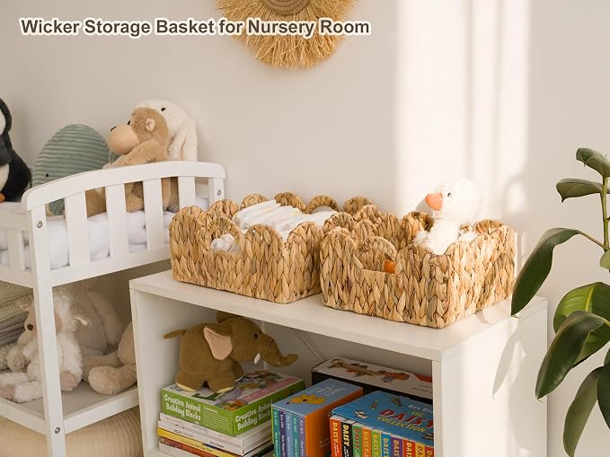 StorageWorks Scalloped Basket for Shelves, Water Hyacinth Storage Baskets | Woven Baskets for Storage, Wicker Storage Baskets for Shelves, Large Wicker Basket, Shelf Basket with Handles, 2 Pack - Image 6
