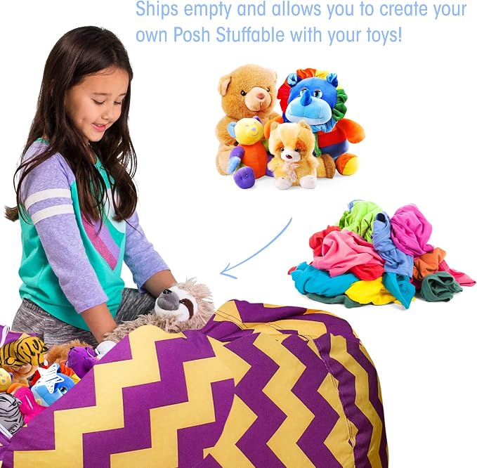 Posh Creations Stuffable Kids Stuffed Animal Storage Bean Bag Chair Cover - Childrens Toy Organizer, X-Large 48" - Pattern Chevron Purple and Yellow - Image 3