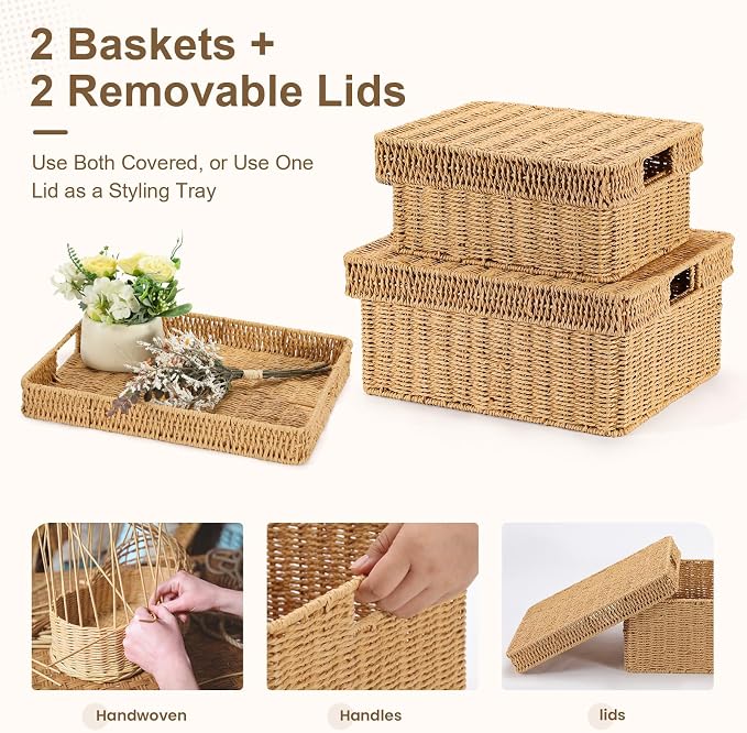 Wicker Storage Baskets with Lids for Shelves, 2-Basket Set, Natural | Two rectangular wicker baskets with removable lids, large and medium, for decorative shelf storage; lids flip into trays. - Image 4