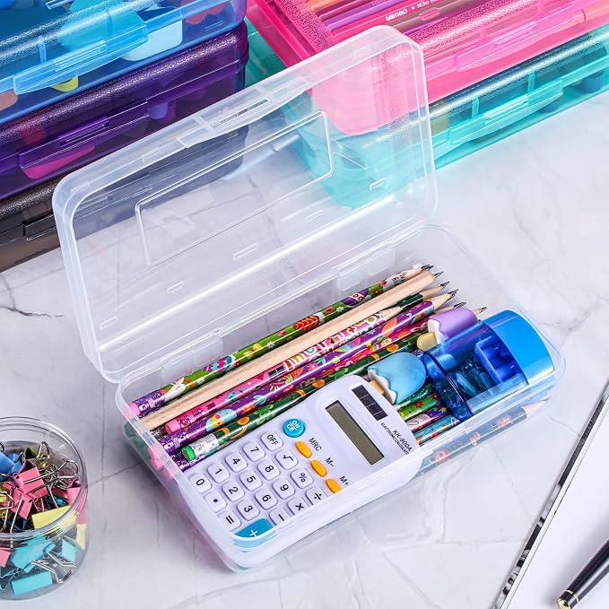 Fainne 24 Pack Clear Plastic Pencil Box,Multicolor | Stackable Organizer for School Supplies, Large Case for Crayons Markers, Snap-lid Keeps Stationery Secure, Bulk Set - Image 3