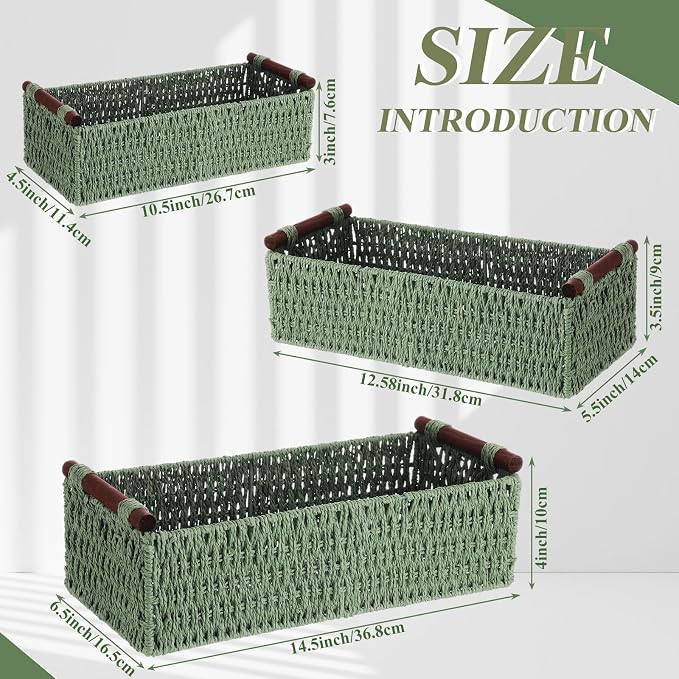 Boao 3 Pcs Boho Storage Wicker Baskets Handmade Woven Decorative Paper Rope Baskets for Organizing with Handle Countertop Toilet Paper Storage Container for Toilet Tank Top - Image 2