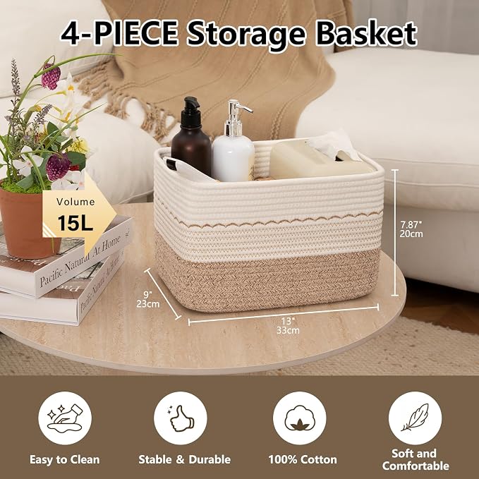 OIASKET 4 Pack Storage Baskets for Organizing, 13"X9"X7.87", Decorative Cotton Rope Baskets for Shelves, Small Woven Basket for Toys, Books and Towels, Brown & White - Image 3