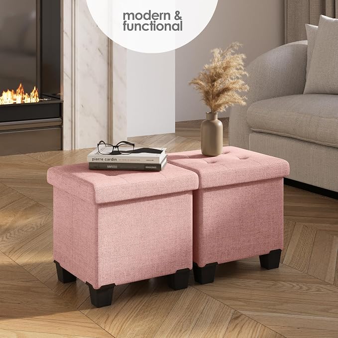 Storage Ottoman Cube with Small Bin, 15-in Square Ottoman with Storage for Living Room and Bedroom, Small Ottomans Foot Rest, Fabric Foot Stools Ottomans Max 330lbs, Pink - Image 2