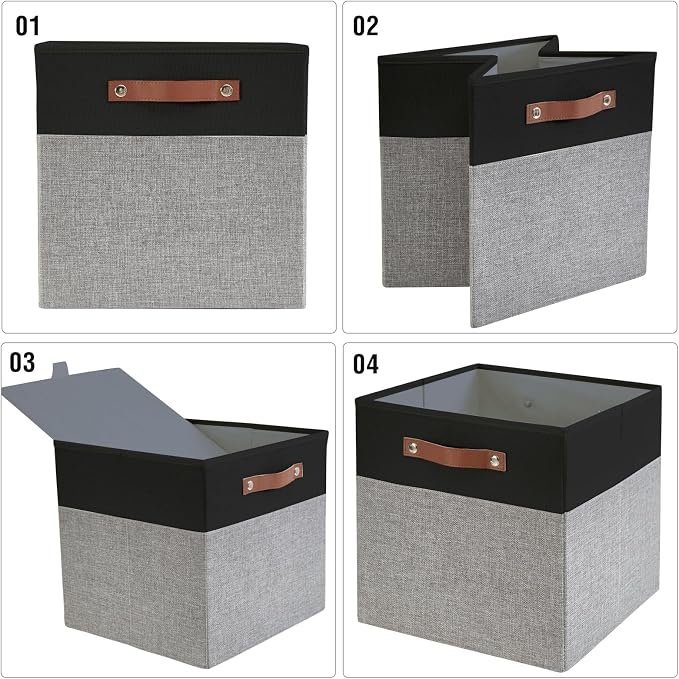 13x15x13 Storage Cube Bins, Foldable Storage Organizer Baskets, Fabric Cube Storage Boxes with 2 Reinforced PU Handles for Kallax, Shelves, Living Room | 4 Pack, Black & Gray - Image 6