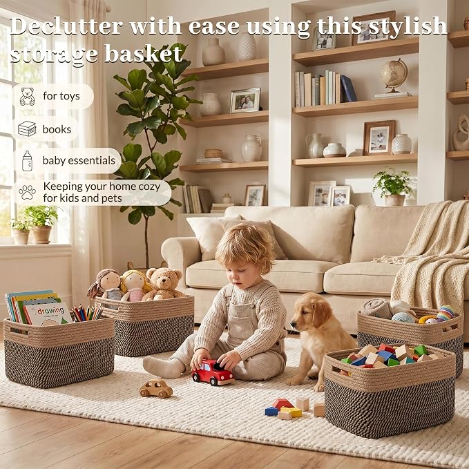 OIAHOMY 4 Pack Storage Basket, 13"x9"x7.8" Cotton Rope Baskets for Shelves, Closet Organizer for Bedroom & Living Room, Soft Decorative Bins for Organizing Towels, Books & Toys, Brown & Black - Image 5