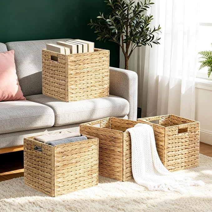 Rectangular Storage Baskets 13x11in, 4 Pack Water Hyacinth Wicker Bins with Handles, Foldable Natural Organizer for Shelves Kitchen Closet, Handwoven Storage Cubes - Image 4