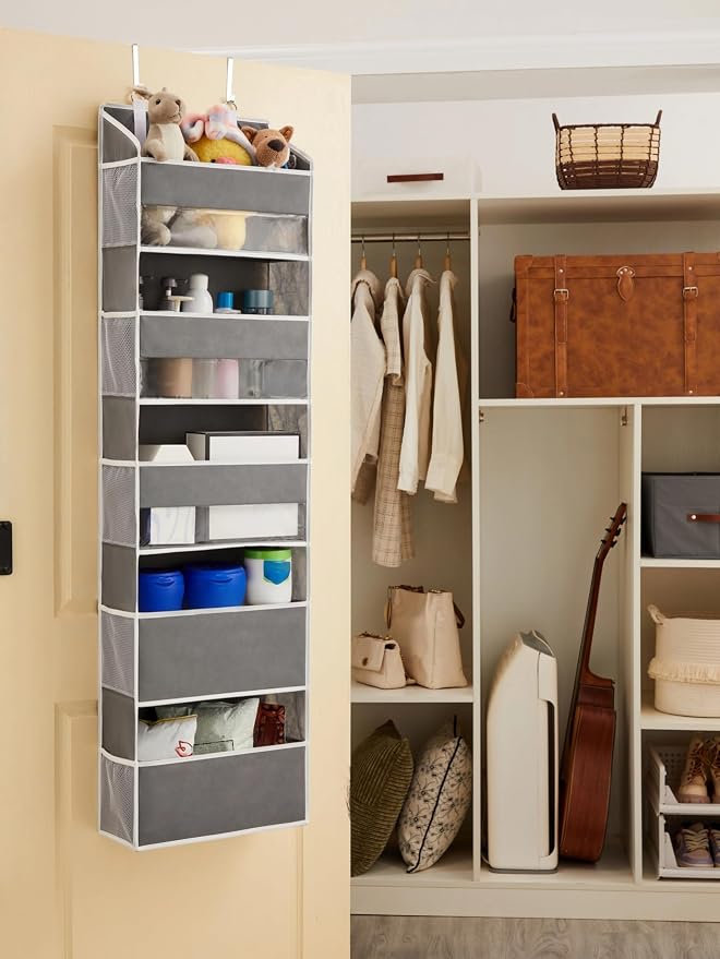 5 Tiers Over The Door Organizer Hanging for Closet (Grey, 2pcs) | EXTRA THICK & 50lbs HUGE CAPACITY, 10 Side Mesh Pockets Over The Door Shoe Organizer,Diaper Organizer, Bedroom, Bathroom - Image 7