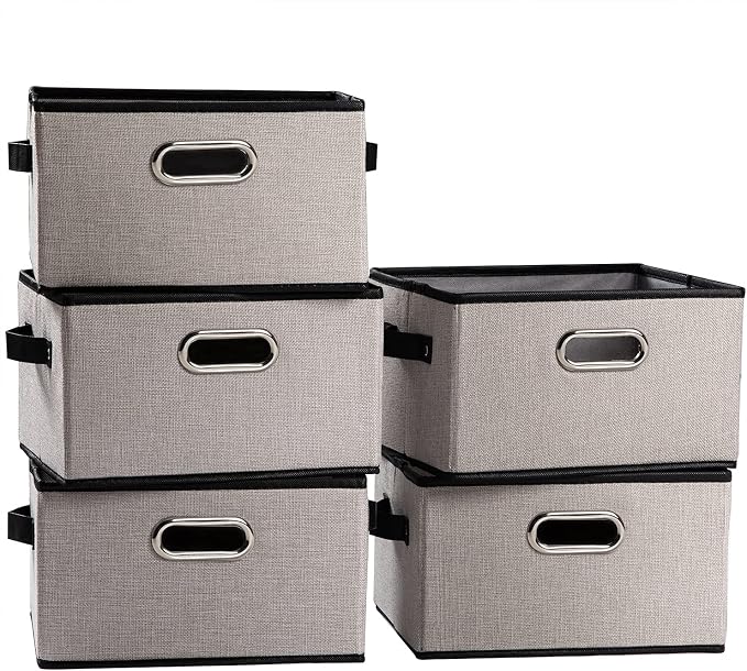Fodable Storage Baskets for Closet [5-pack] Decorative Fabric Storage Bins Cubes with Leather/Metal Handles for Shelves Bedroom Living Room Light Grey (11.5x8.5x6.7 Inch) by Prandom