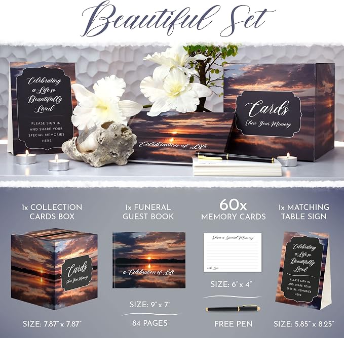 All-In-One Funeral Guest Book Set – Elegant Memorial Guestbook, Funeral Register Book, 60 Memory Cards, Collection Box, Black Pen, Table Sign, Celebration of Life Guest Book, Memorial Keepsake - Image 2