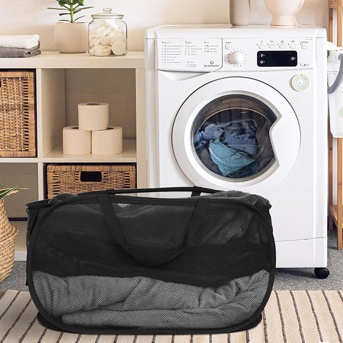 Sturdy Collapsible Laundry Baskets- Pop Up Laundry Hampers with Handy Pocket, Foldable Clothes Hamper with Reinforced Carry Handles for Laundry, Bathroom, Kids Room, Dorm or Travel Black - Image 6