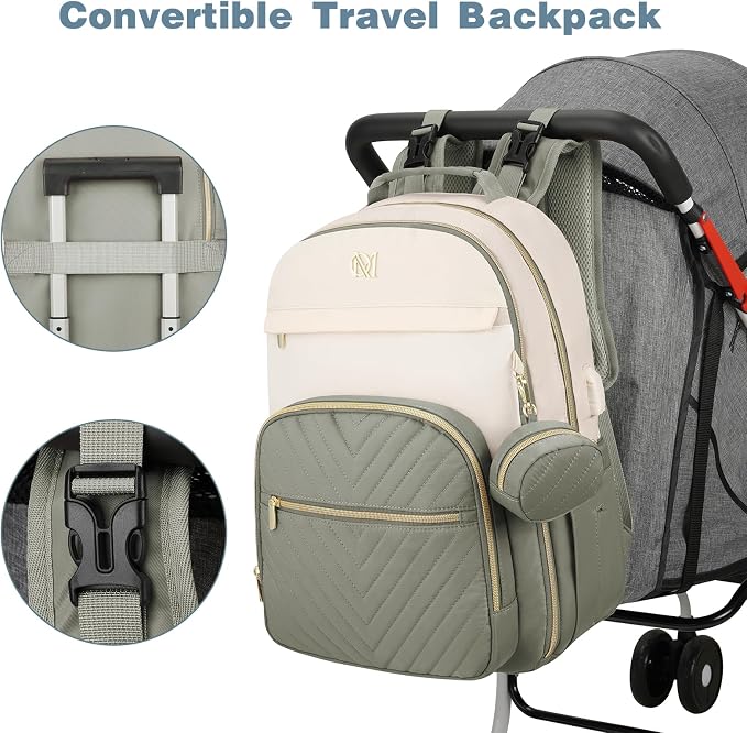 Diaper Bag Backpack, Quilted Baby Bag with Changing Pad & Stroller Straps & Pacifier Case, Large Travel Diaper Bags for Mom Dad, Green Beige - Image 5