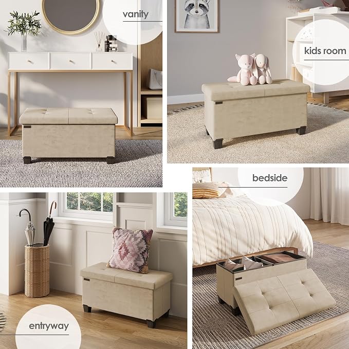 Storage Ottoman Bench with Bins, 30-in Storage Bench for Bedroom End of Bed, Folding Foot Rest Ottoman for Living Room Max 660lbs, Velvet Ottomans, Beige - Image 4